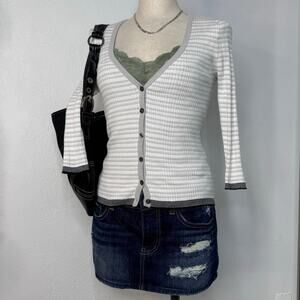 Gray and White Striped Button V-Neck Cardigan